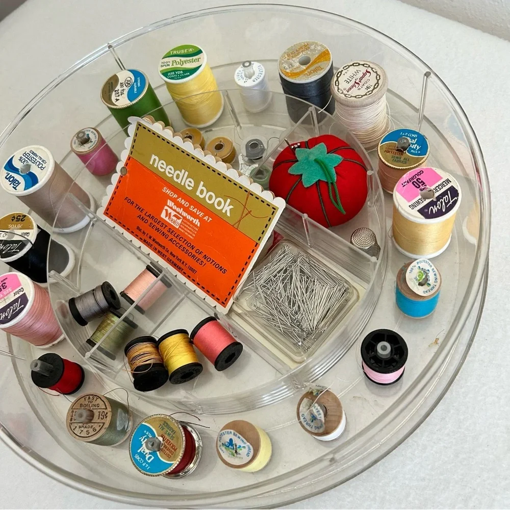 Vintage Round Sewing Thread Box Caddy w Accessories Large 60's Clear Plastic MCM